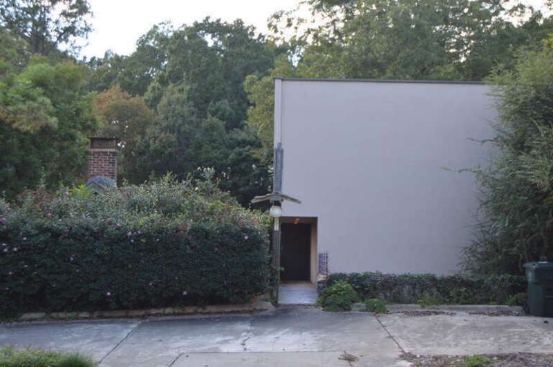 Front of the Harwell Hamilton and Jean Bangs Harris House and Office, located at 122 Cox Avenue in Raleigh, North Carolina, United States.  Built in 1970, it is listed on the National Register of Historic Places.