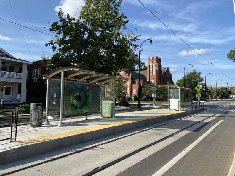 Passenger shelters and platform at Hawthorne &amp;amp; 8th station