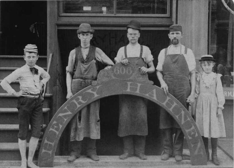 Henry Hahnen (1841-1917) and his shop circa 1890 in Des Moine, Iowa