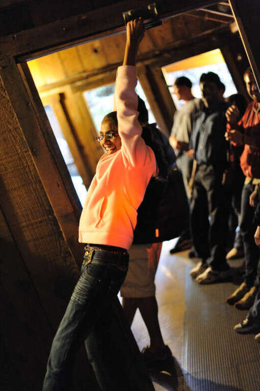 One of the many optical illusions at the Mystery Spot in Santa Cruz, California.