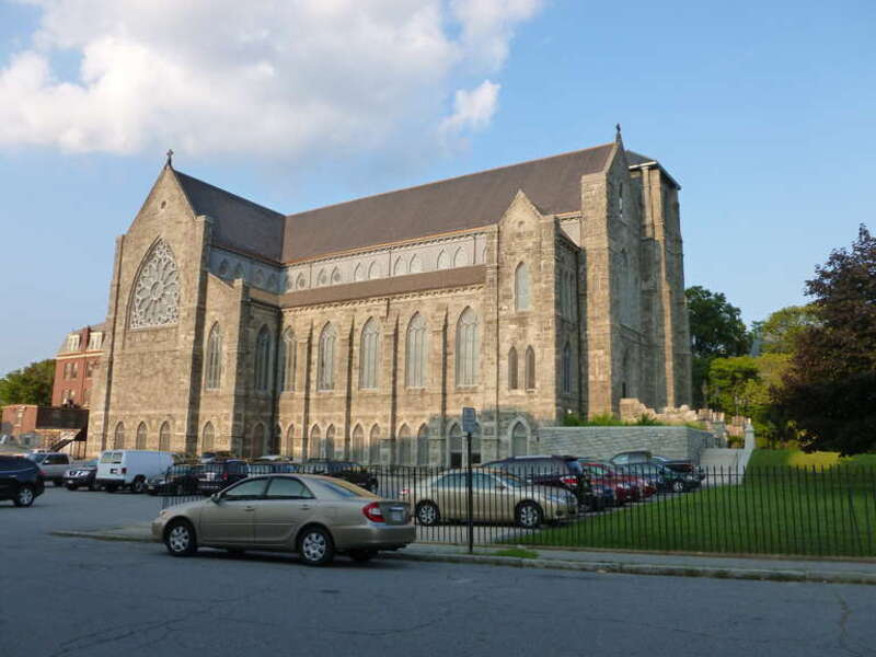 Immaculate Conception Church, a Roman Catholic Church located at 144 East Merrimack Street, Lowell, Massachusetts.  West and south (front) side of building shown.