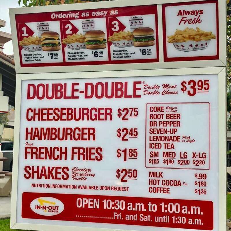 Drive-thru menu for In-N-Out Burger in Daly City, California.