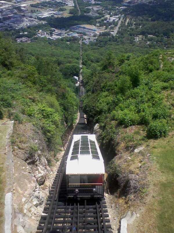 The Lookout Mountain Incline Railway, as seen from the top of Lookout Mountain.  The rail runs a mile's length down the side of the mountain.
