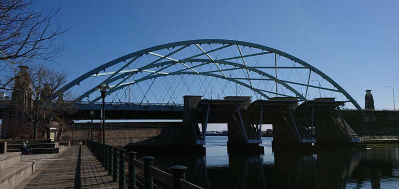Providence River (Iway) Bridge and Fox Point Hurricane Barrier in Providence, Rhode Island