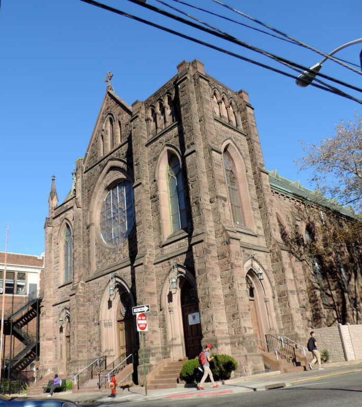 Looking northeast across Market Street at St Joseph's Church on a sunny midday.