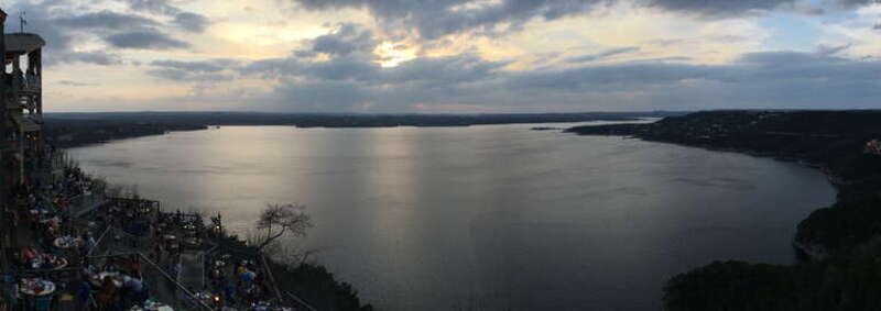 Sunset over Lake Travis, Texas viewed from the Oasis at Lake Travis