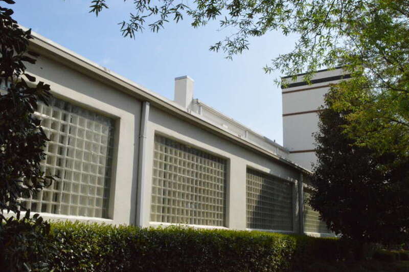 Western section of the front of the former Lambert's Point Knitting Mill (now apartments for students at the nearby Old Dominion University), located at 808 W. 44th Street in Norfolk, Virginia, United States.  Built in 1895, it is listed on the