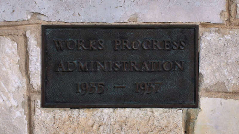 Works Progress Administration Plaque on the Landa Haus Special Event Building in Landa Park, New Braunfels, Texas, United States.