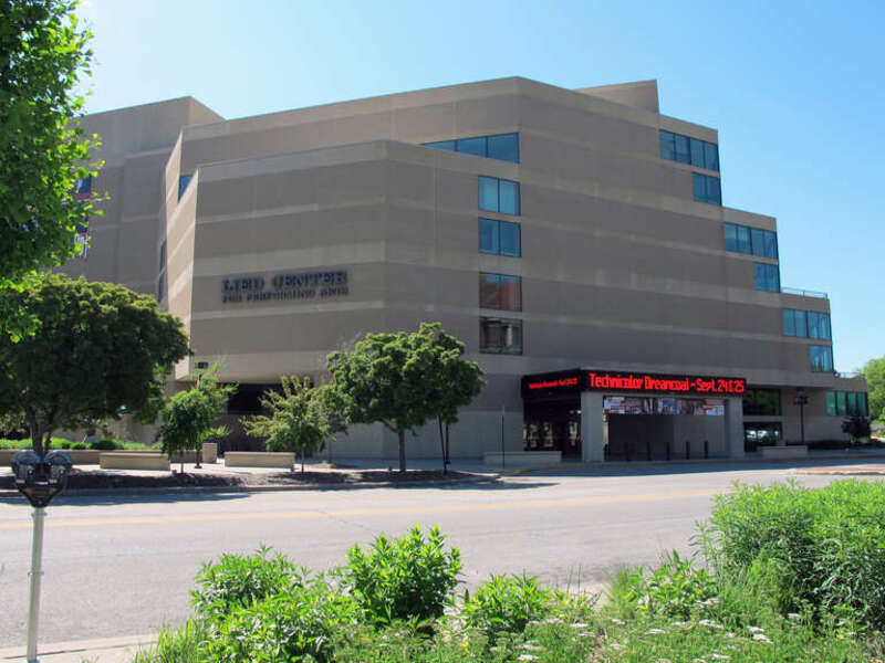 Photo of the Lied Center for Performing Arts, 301 N. 12th Street, on the University of Nebraska-Lincoln city campus in Lincoln, Nebraska.  Photo is looking west-northwest at the east and southeast sides of the building (from N. 12th; by Madden