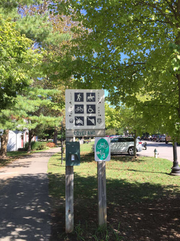 A Little Miami State Park trailhead sign looking northbound from Harrison Street in Loveland, Ohio, in September 2015.
