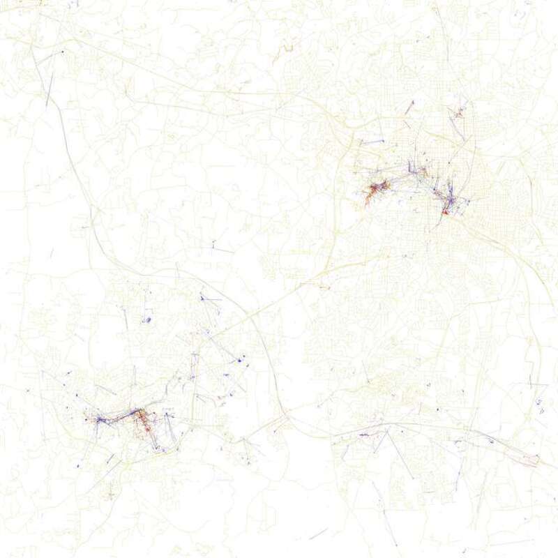 Blue pictures are by locals.  Red pictures are by tourists.  Yellow pictures might be by either.

Base map © OpenStreetMap, CC-BY-SA
