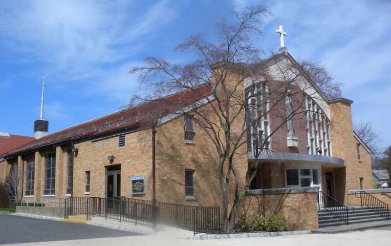 Looking east at Lourdes Catholic Church on a sunny midday.