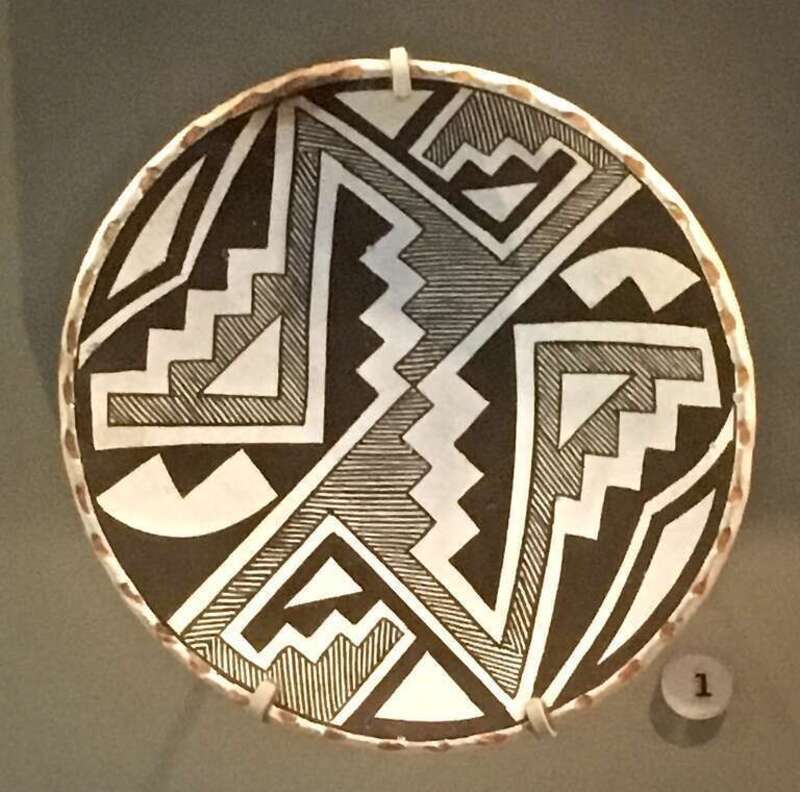 Small decorative plate with a classic Chaco--style design. On display at Museum of Northern Arizona, Flagstaff