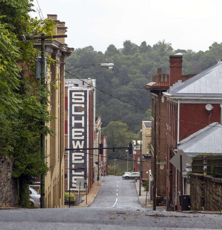 Lynchburg hill looking downtown toward the James River, Virginia, USA