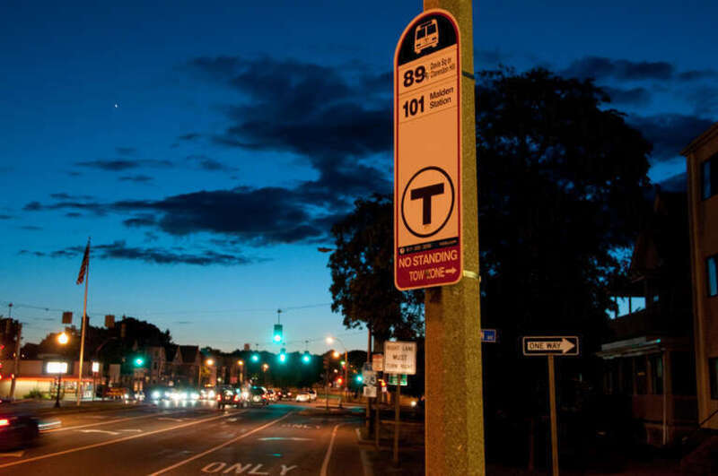 MBTA bus stop at Kensington Avenue and Broadway, looking towards the intersection of Broadway and the McGrath Highway