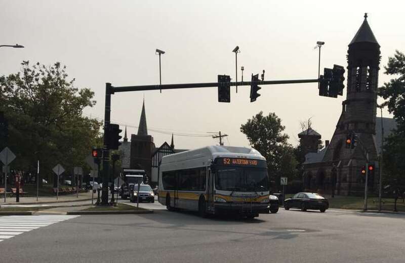 MBTA route 52 bus in Newton Centre in September 2020