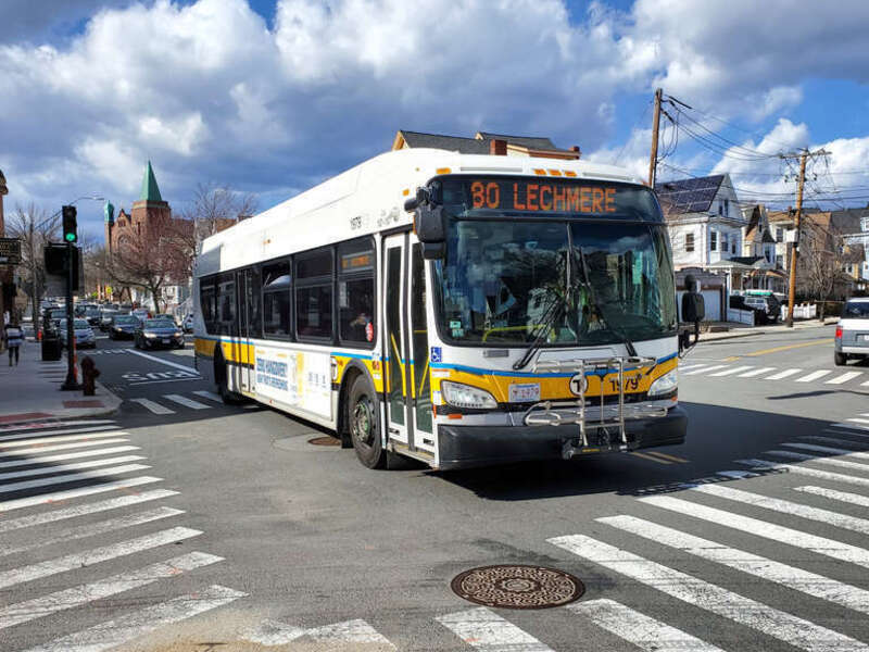 MBTA route 80 bus inbound at School Street in March 2022