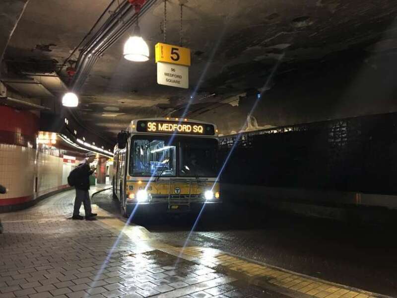 MBTA route 96 bus at Harvard station in March 2019