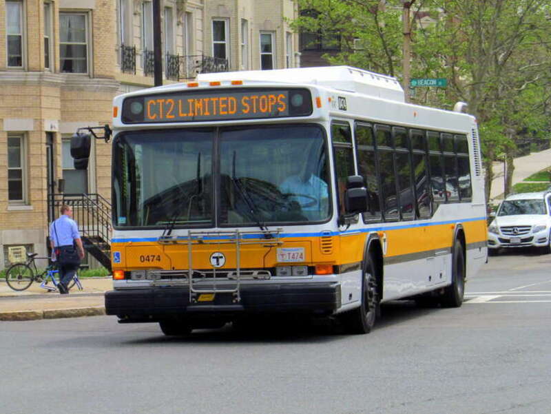 A northbound (Kendall/MIT-bound) CT2 bus on Park Drive at Beacon Street in May 2015