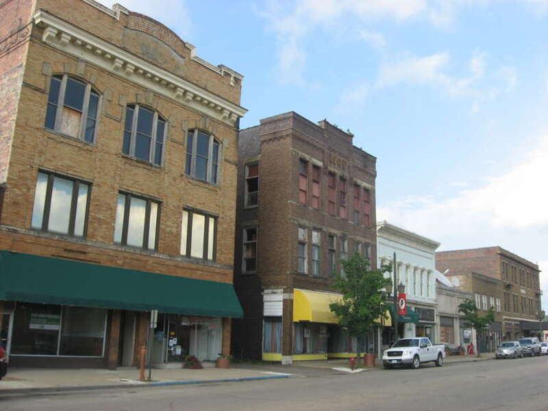 Buildings on the southern side of the first block of E. Main Street in Logan, Ohio, United States.  This block is part of the Logan Historic District, a historic district that is listed on National Register of Historic Places.