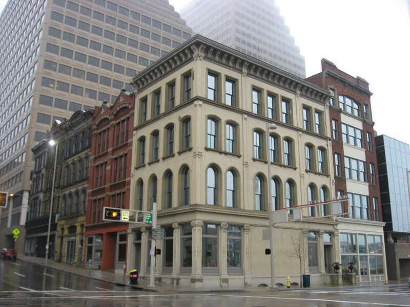 Buildings on the northeastern corner of Main and Third Streets in downtown Cincinnati, Ohio, United States.  Three of these buildings, located at 300-302 and 304-306 Main and 208-210 Third, compose the Main and Third Street Cluster; under this name,