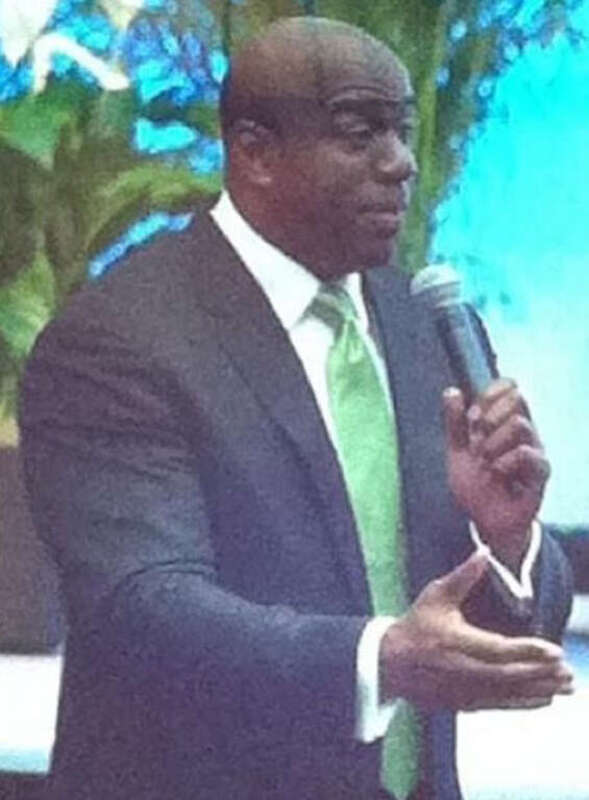 This is Magic Johnson giving a speech at the George R. Brown Convention Center in Houston, Texas on April 25, 2013.