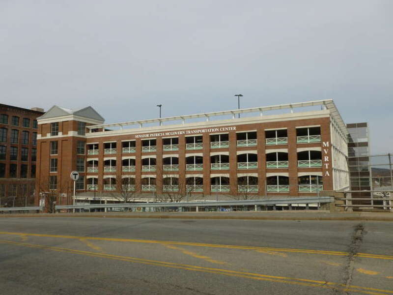 McGovern Transportation Center, located at 211 Merrimack Street, Lawrence, Massachusetts.  West and south sides of building shown.  This is the Lawrence MBTA station.