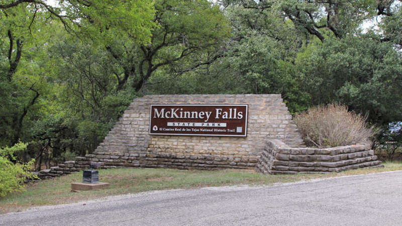 McKinney Falls State Park entrance portal, Austin, Texas, United States. The park is on the El Camino Real de los Tejas National Historic Trail.