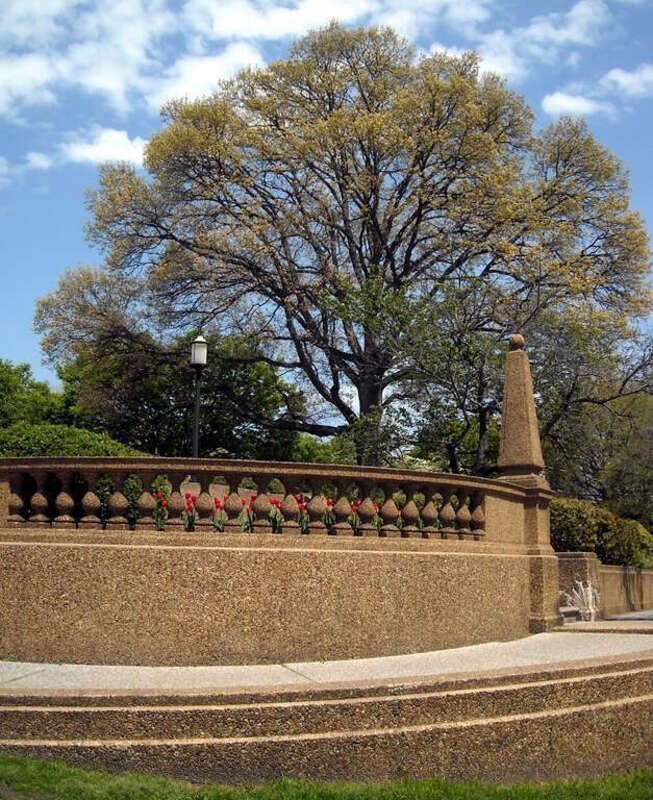 Concrete balustrade at Meridian Hill Park (as viewed from the intersection of 16th and W Streets N.W.), a National Historic Landmark, located in the Columbia Heights neighborhood of Washington, D.C.