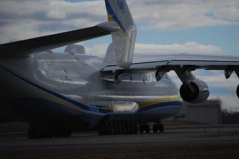 The Antonov An-225 Mriya taxiing during a refueling stop at Bangor International Airport on April 12, 2015