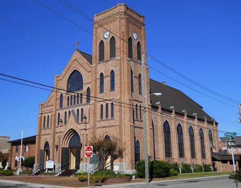 Cathedral of the Nativity of the Blessed Virgin Mary (Catholic), located at 870 West Howard Avenue, Biloxi, Mississippi, USA.  Constructed in 1902, Gothic Revival Architectural Style. Listed on the National Register of Historic Places 18 May 1984.