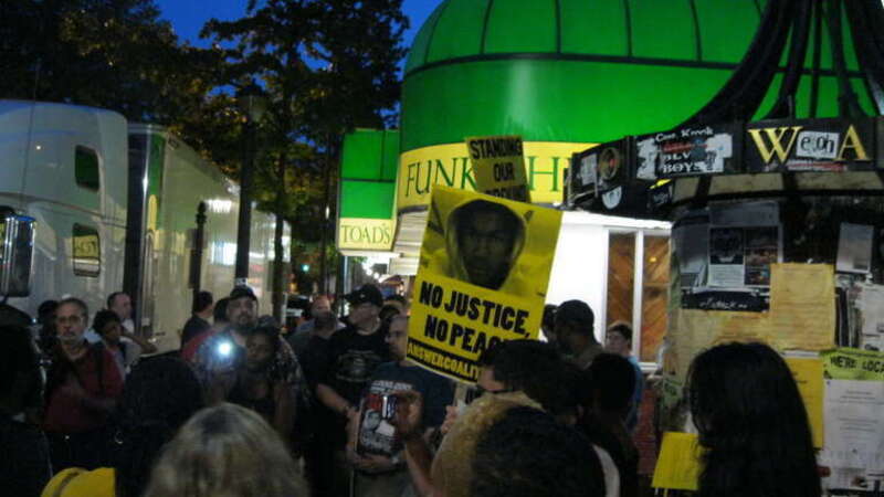 Protest occurring on 8/6/13 outside Toad's Place concert hall in New Haven, CT. The event was held in response to inflammatory remarks made by Ted Nugent regarding the shooting of Trayvon Martin.