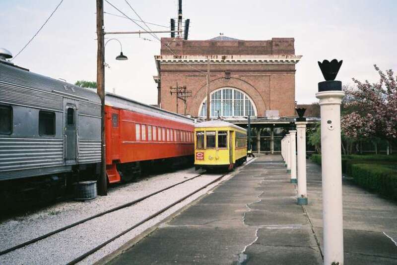 Opened in 1909 as Terminal Station, now part of the Chattanooga Choo Choo Hotel. View from former platforms, including 1924 New Orleans’ trolley car. Market Street, Chattanooga, TN