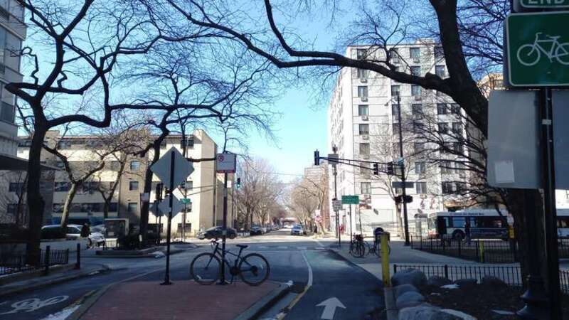 The Lakefront Trail ends at Ardmore Avenue east of Sheridan Road. Cyclists may continue west along Ardmore Ave via a contraflow bike lane. The Ardmore Ave/Sheridan Rd intersection is visible in the background.