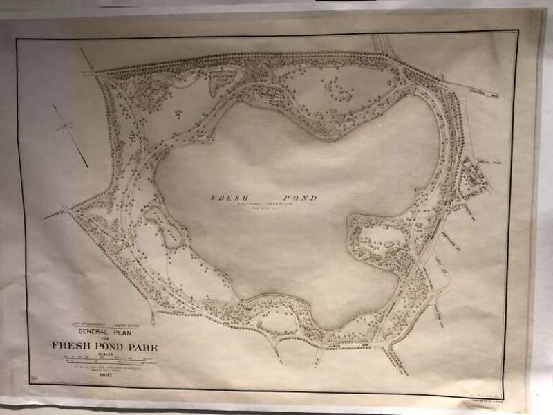 Map by w:Frederick Law Olmsted of Fresh Pond Park, Cambridge, Massachusetts, dated1897. Map on display at Fresh Pond Water Treatment Plant.