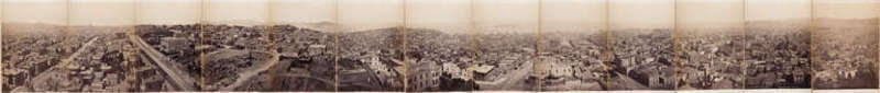 On 11 July 1877, Eadweard Muybridge (1830-1904) announced in the San Francisco Bulletin the publication of a “Panorama of San Francisco from California Street Hill.” The photographs were taken from the tower of the Mark Hopkins mansion, then the