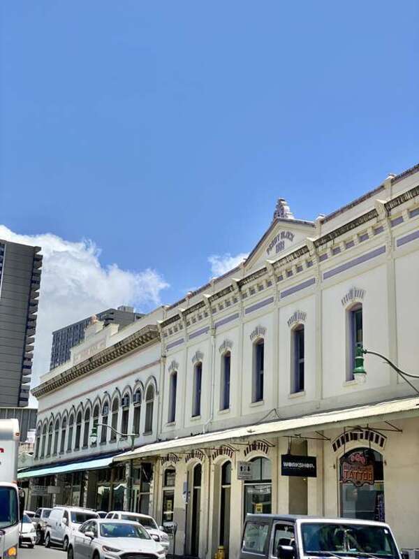 Built in 1888 and 1903-04, these buildings stand along Nuuanu Avenue in Honolulu’s Chinatown neighborhood.  The Perry Block, built in 1888 following the 1886 Chinatown fire, and features a masonry facade that imitates cast iron building facades,
