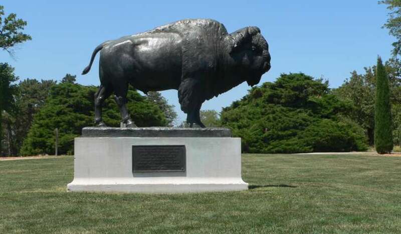Bison sculpture near main entrance of Pioneers Park, located southwest of Lincoln, Nebraska.