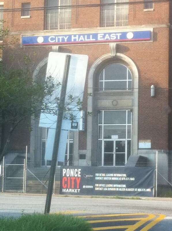 Ponce City Market banner with old City Hall East sign still showing