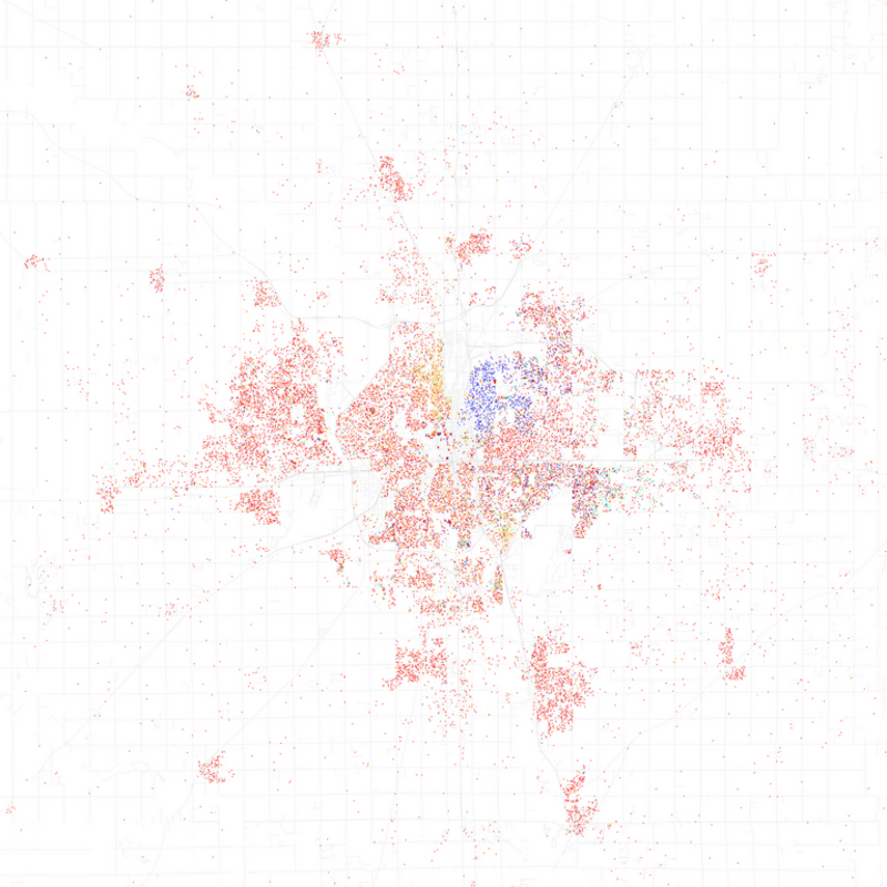 Maps of racial and ethnic divisions in US cities, inspired by Bill Rankin's map of Chicago, updated for Census 2010.
Red is White, Blue is Black, Green is Asian, Orange is Hispanic, Yellow is Other, and each dot is 25 residents.

Data from Census