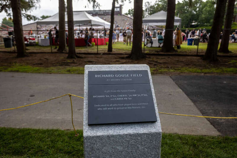 Richard Gouse Field dedication plaque. Taken during the Brown vs. URI Rams football game, 18 September 2021.