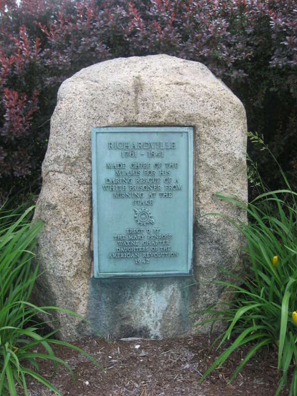 Jean Baptiste Richardville's gravestone, located along Calhoun Street at the Cathedral of the Immaculate Conception in Fort Wayne, Indiana, United States.  The cathedral is listed on the National Register of Historic Places, and the grave marker