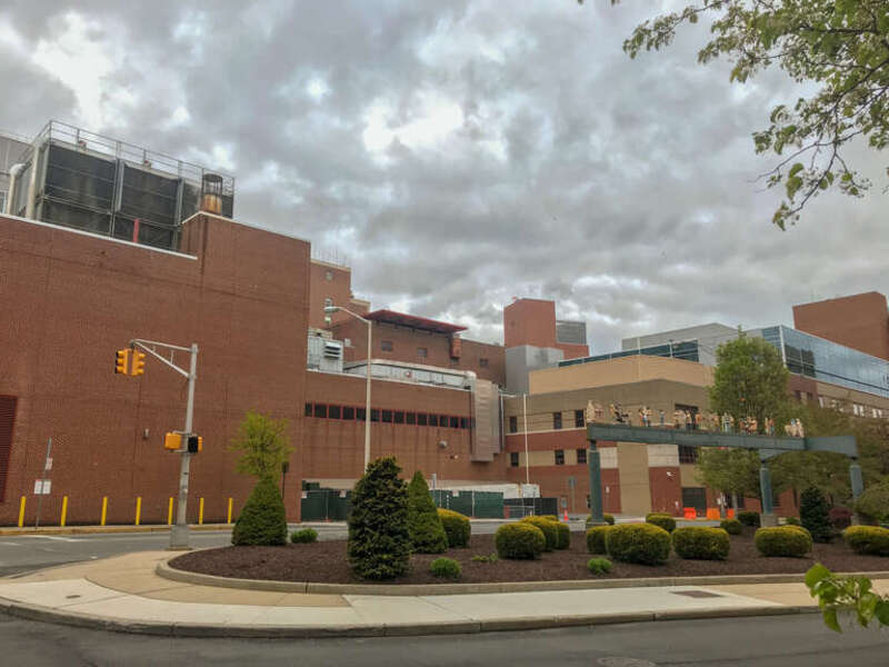 The backside of the Robert Wood Johnson University Hospital with the old helipad visible.