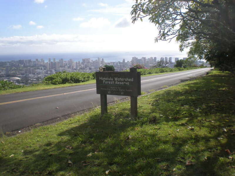 Round Top Drive view of Waikiki from Honolulu Watershed Forest Reserve signpost, Honolulu, Hawaii