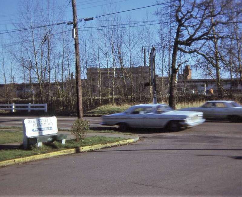 SALEM - closest city bus stop to Amtrak (SP)) Station in 1972.  Note no curb cuts for disabled before the Americans With Disabilities Act.