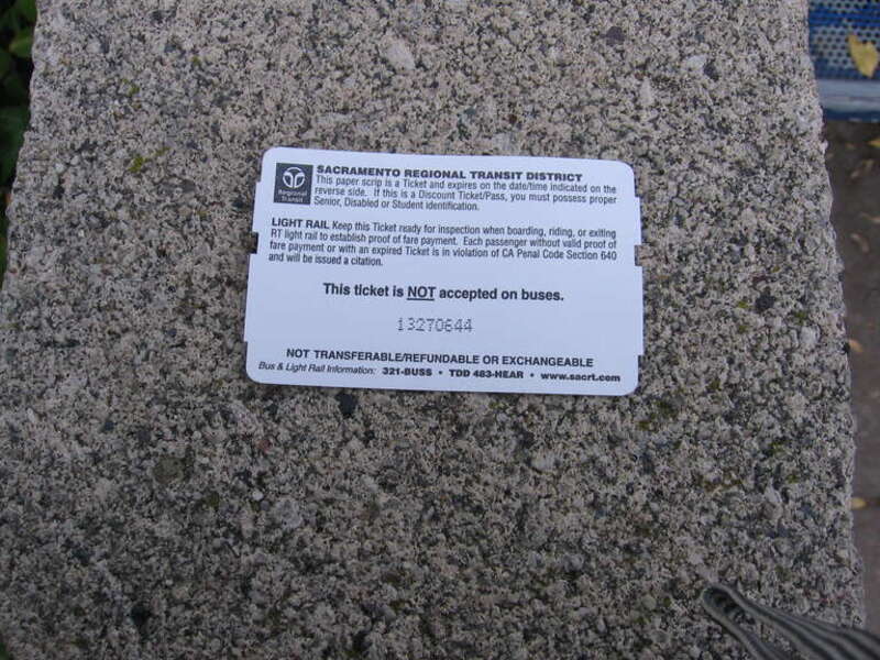 A ticket for travel on the Sacramento ligh rail system (reverse side).