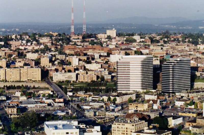 View to east from Space Needle, Seattle, Washington, USA.