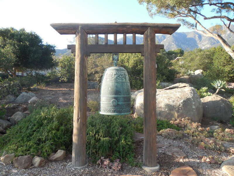 Santa Barbara Vedanta Temple bell (in shadows), Sep 2014. 12th century Japanese-cast bronze bell purportedly rigged onboard a Chinese military ship. Today, it is rung three times per day on the temple grounds.