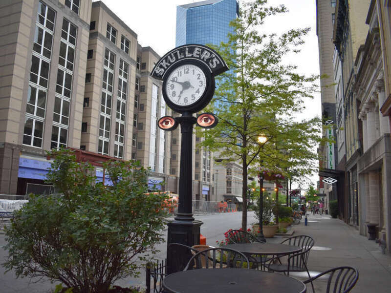 Skuller's Clock in Lexington, Kentucky, keeps time on Main Street.