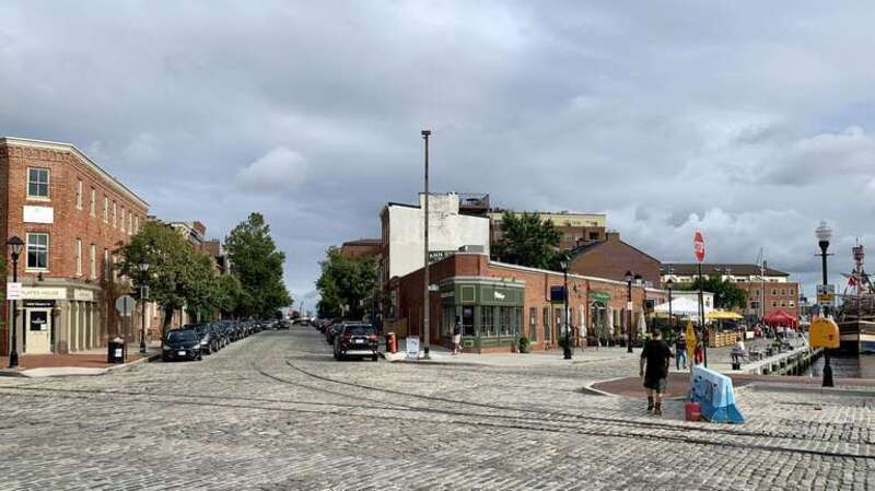 The intersection of South Ann, Fell, and Thames Streets in Fell's Point, Baltimore, Maryland.